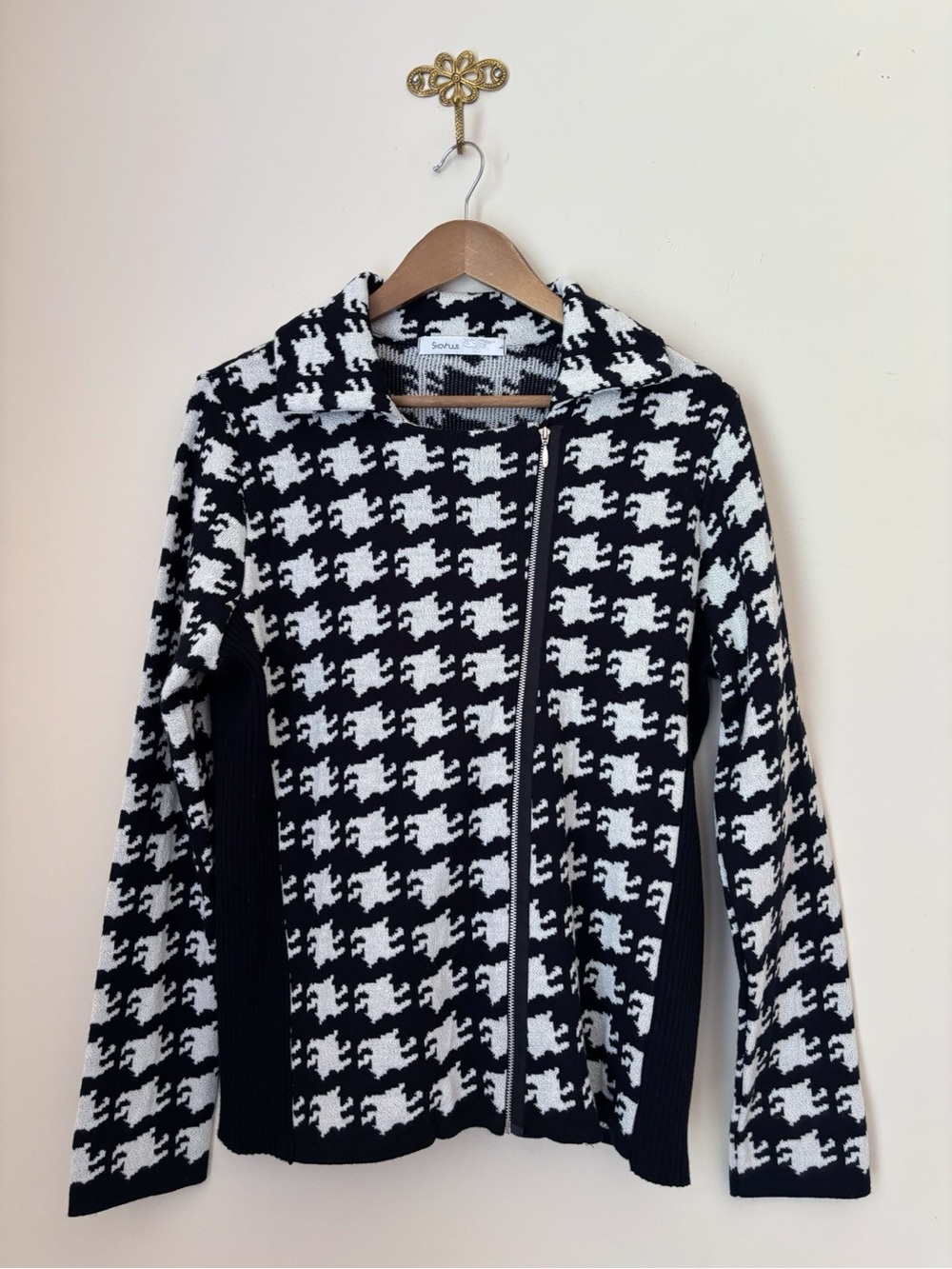 Skovhuus Black & White Houndstooth Knit Zip Front Jacket Large